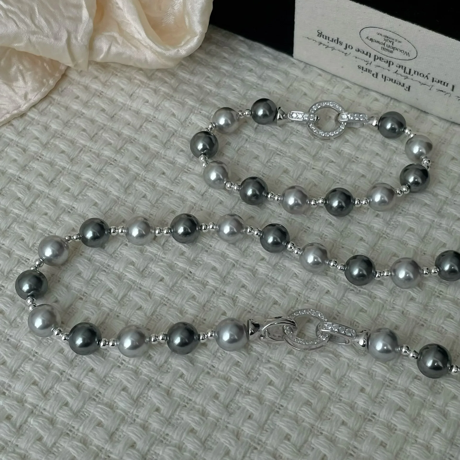 S925 pure silver genuine linen gray pearl zircon bracelet necklace with a light luxury and high-end feel, niche design