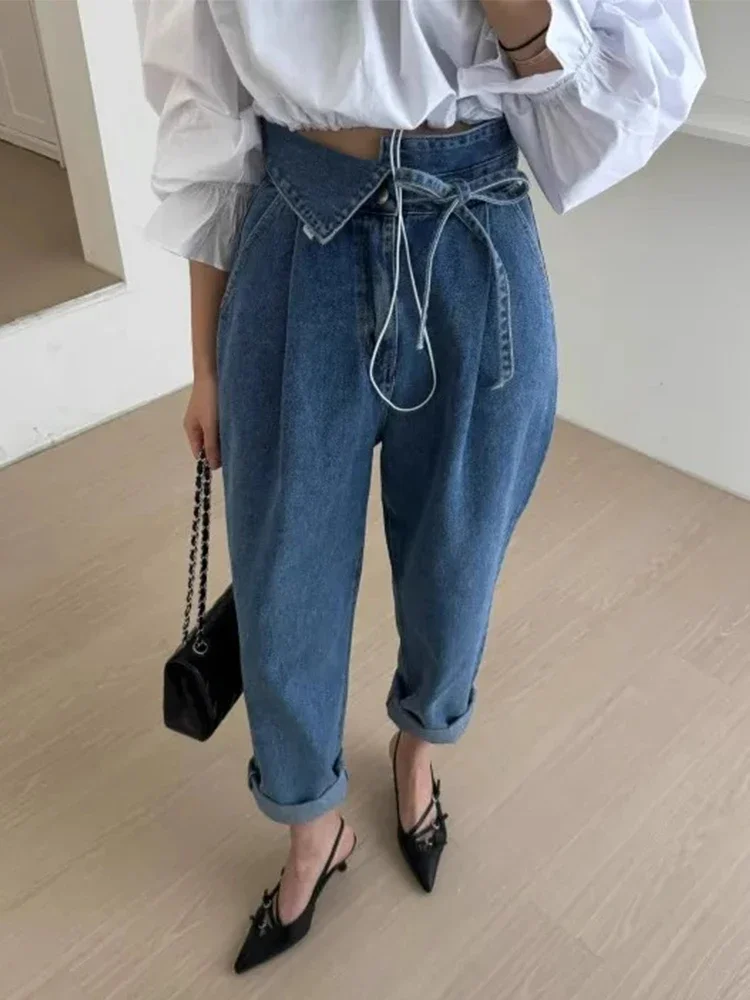 Vrouwen hoge taille losse denim broek lente zomer flip taille kraag riem rechte Harlan jeans lange broek streetwear Y2K broek