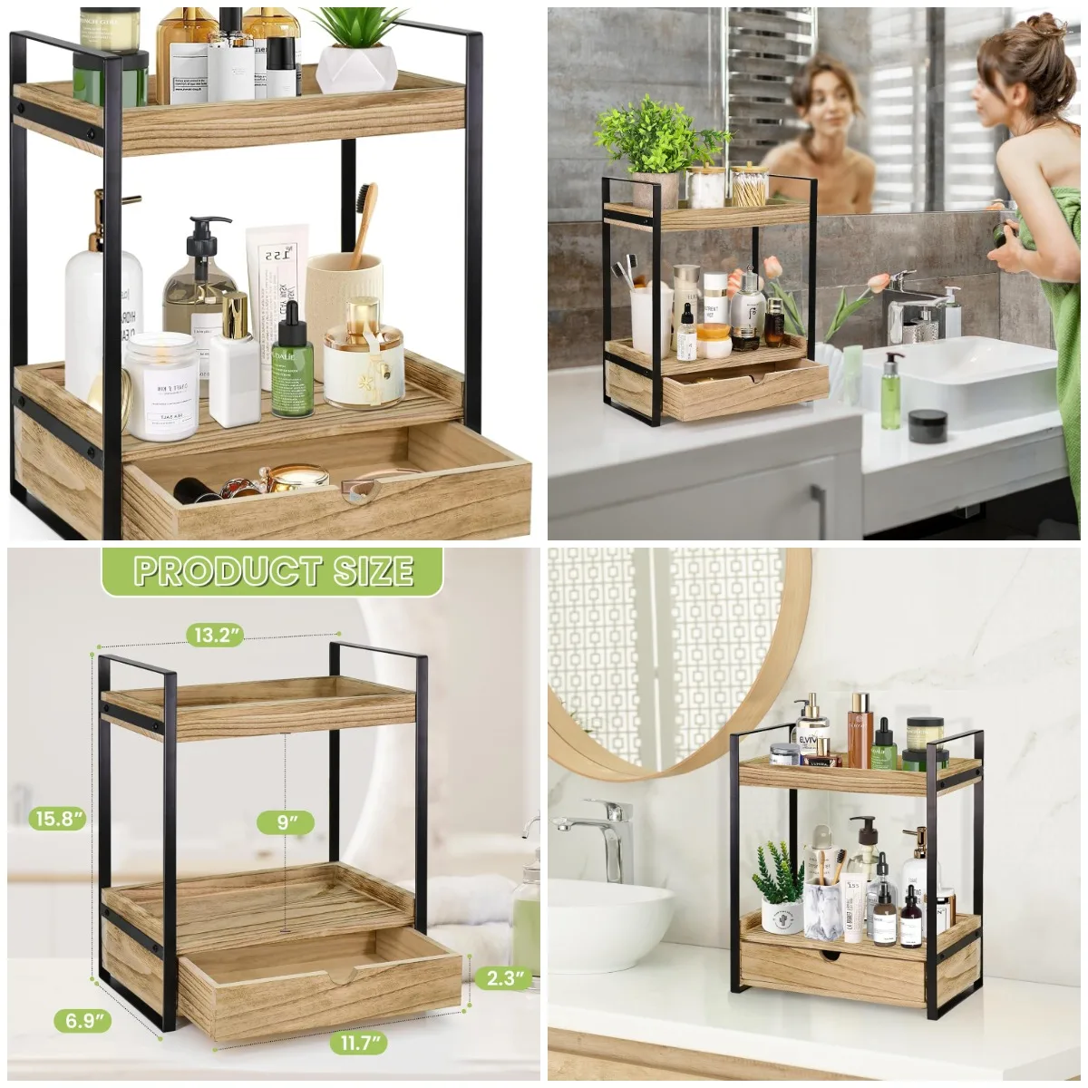 

2-Tier Wood Bathroom Organizer with Drawer, Countertop Shelf for Storage & Decor (Brown)