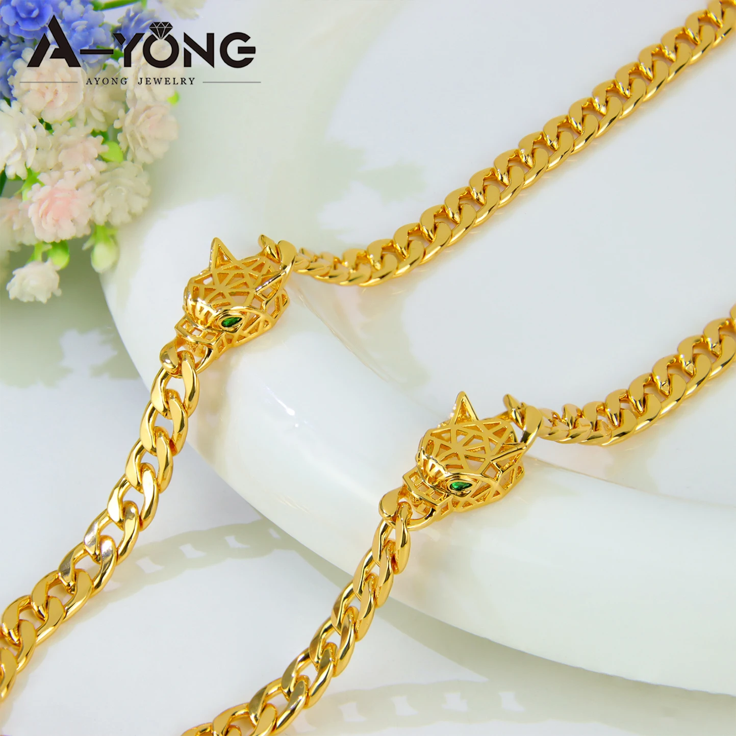 Luxus Dubai Gold Farbe Leopard Anhänger Halskette Set 21k Gold Überzogene Italienische Mode Panther Colliers Saudi Party Schmuck – Detail 6