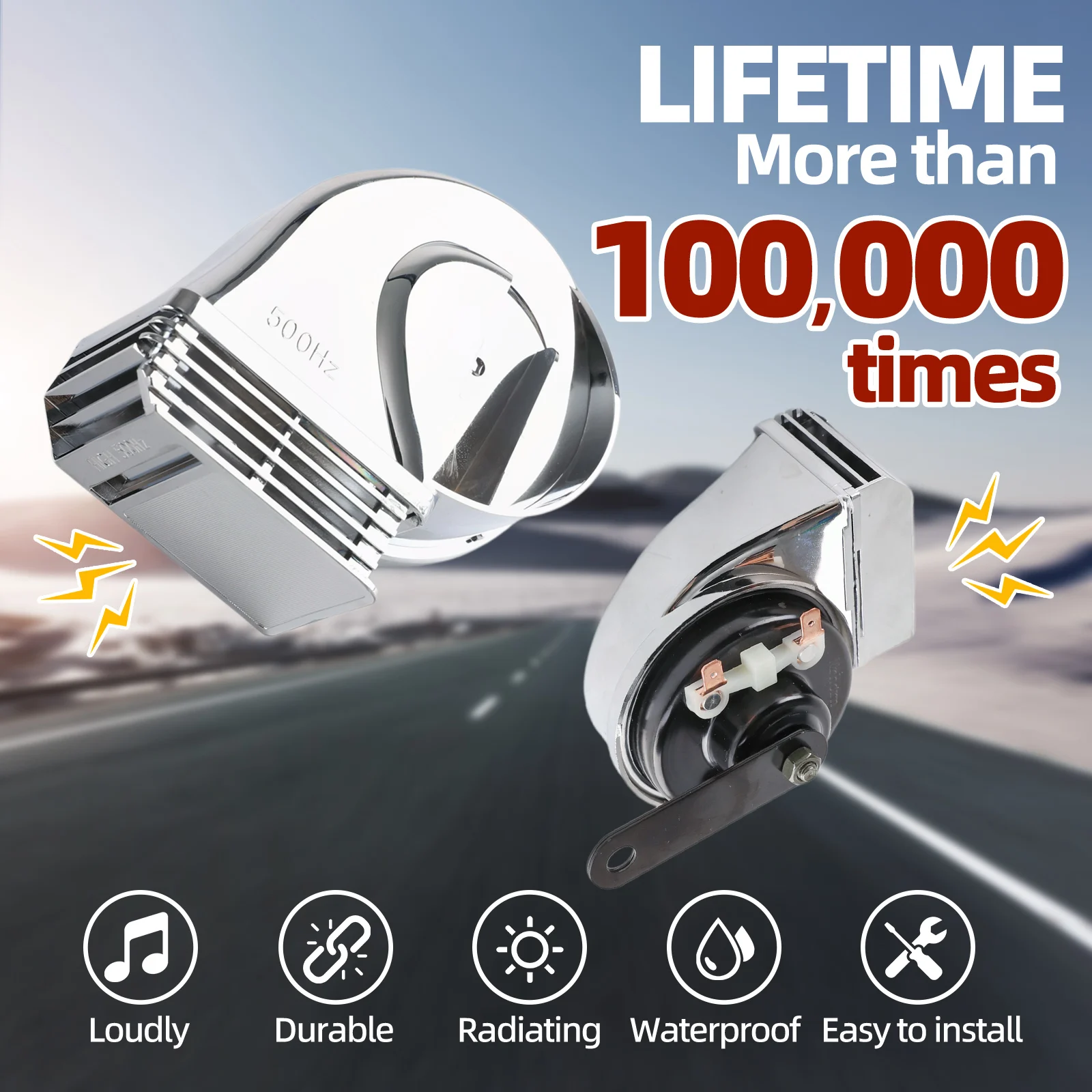 

120dB Super Loud 12V Snail Horn Dual Tone Waterproof Chrome with Dust Cover Copper Coil Universal Car Horn for Truck Motorcycle