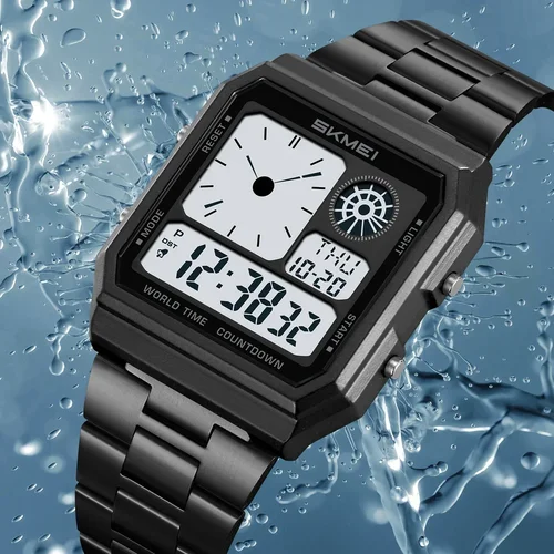 Imagen 2 del producto SKMEI 2353 Relojes de pulsera con tira de acero inoxidable para deportes al aire libre a prueba de agua Reloj para Hombre Reloj electrónico Digital mundial para hombres y mujeres