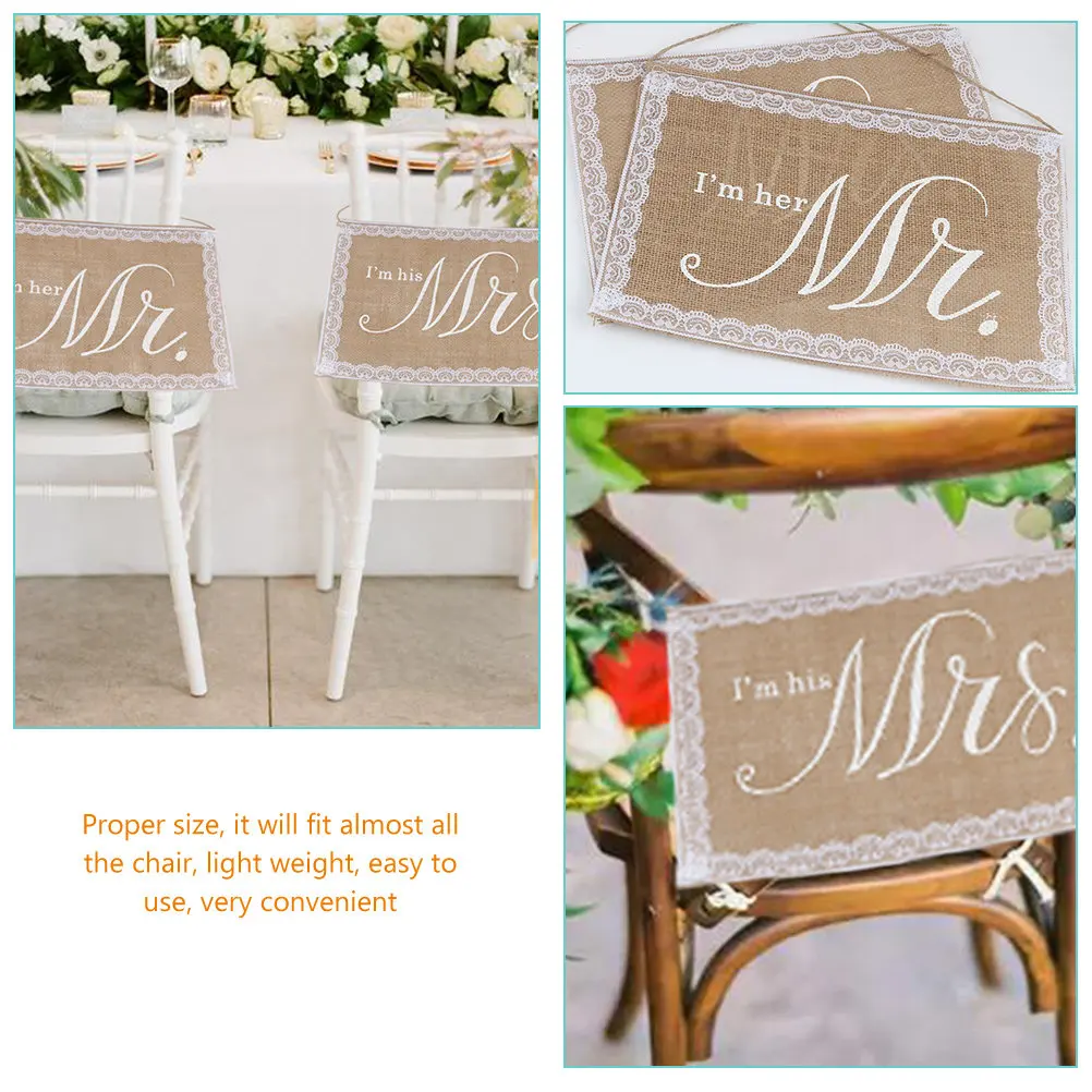 2Pcs Wedding Chair Back Decors Bride Groom Chair Signs Mr Mrs Banner Romantic Elegant Light Weight Universal Fit Wedding