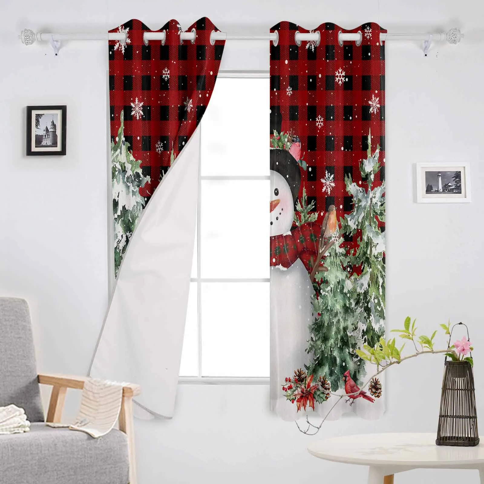 Snowman Christmas Tree Mockingbird Red Grid Living Room Bedroom Window Treatment Blinds Drapes Modern Kitchen Curtains