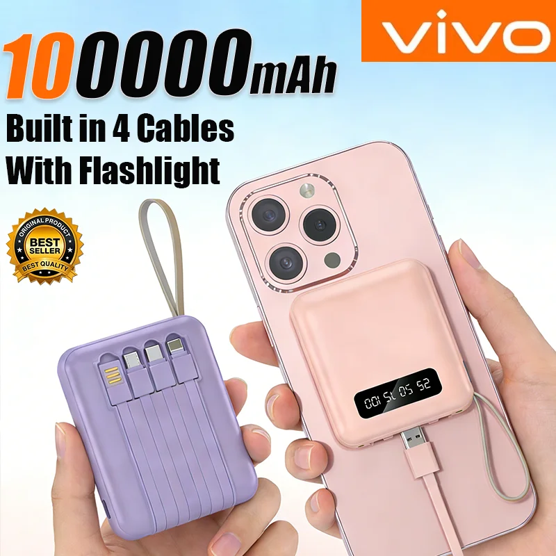 

2026 VIVO 100000 мАч внешний аккумулятор большой емкости с фонариком, сверхбыстрой зарядкой и встроенным кабелем 4-в-1, подходит для iPhone Samsung