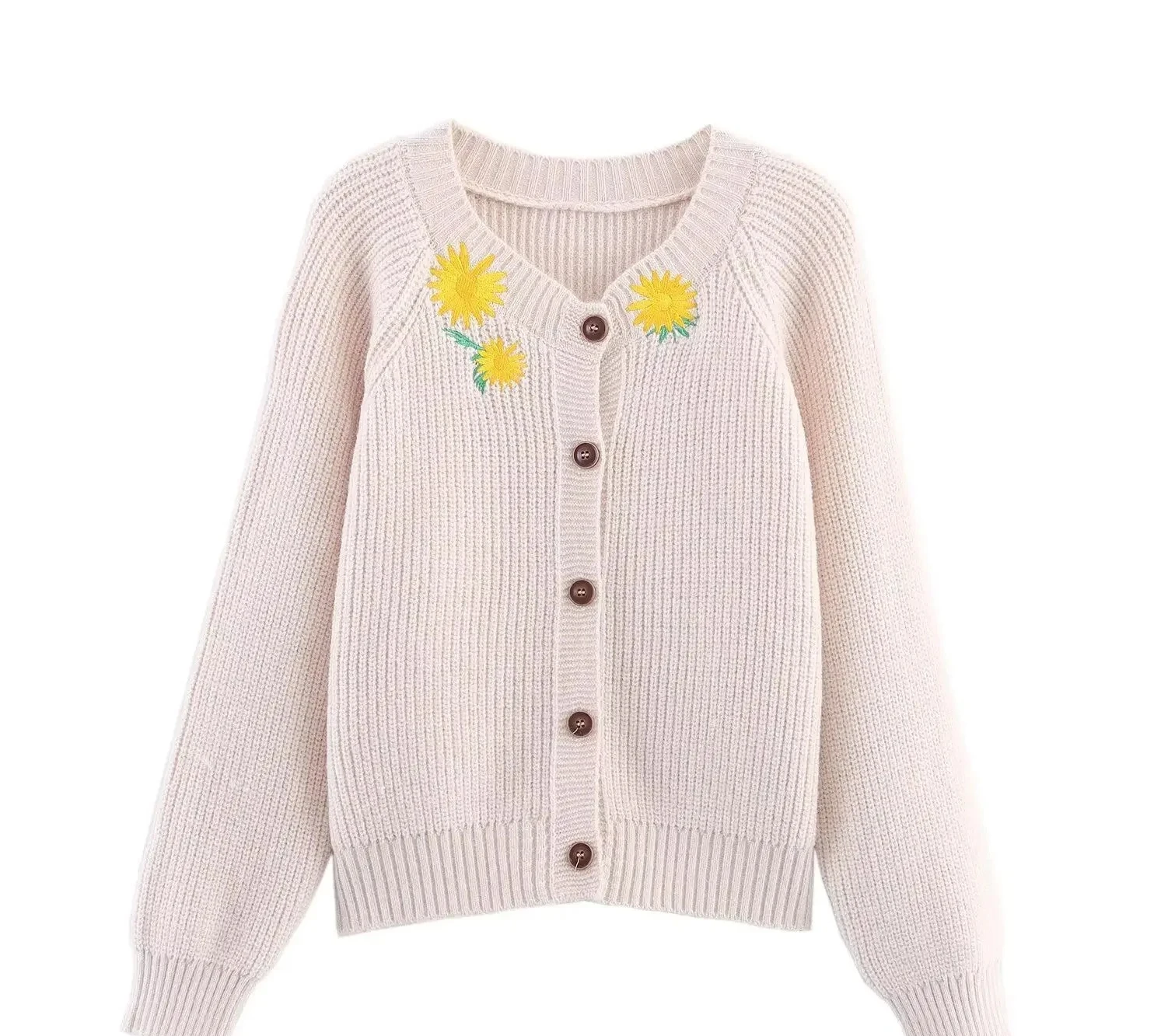 

Autumn New Women's Clothing SweetLoose Fitting Round Neck Long Sleeved Flower Embroidered Knitted Jacket Cardigan