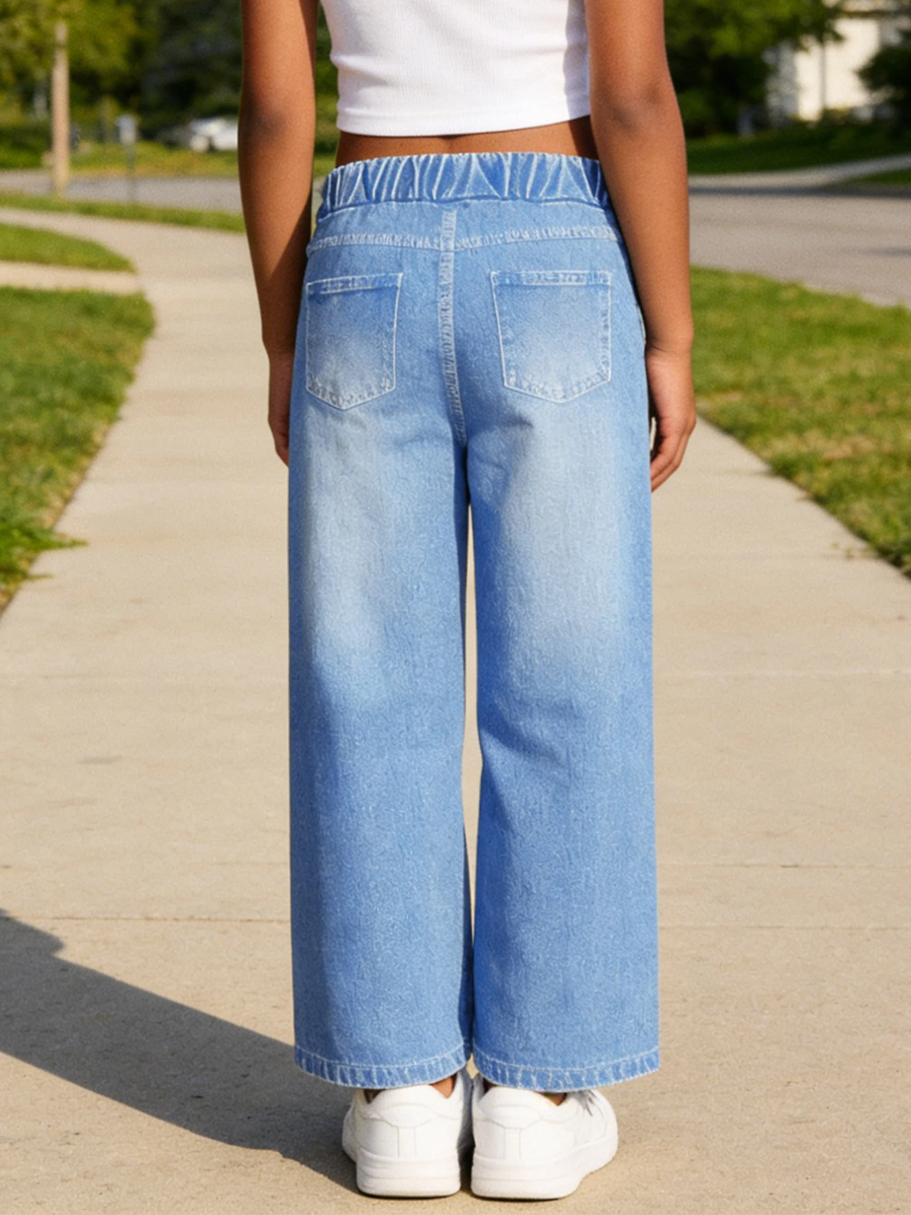 2026 children's light blue imitation denim wide-leg pants, old holes, graffiti style