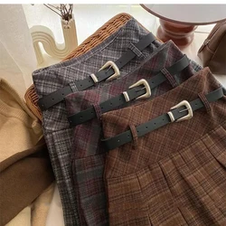 Vintage Plaid with Belt Pleated Skirts Women Y2K Autumn Winter Korean All-Match A-Line Skirt High Waist Preppy Casual Mini Skirt
