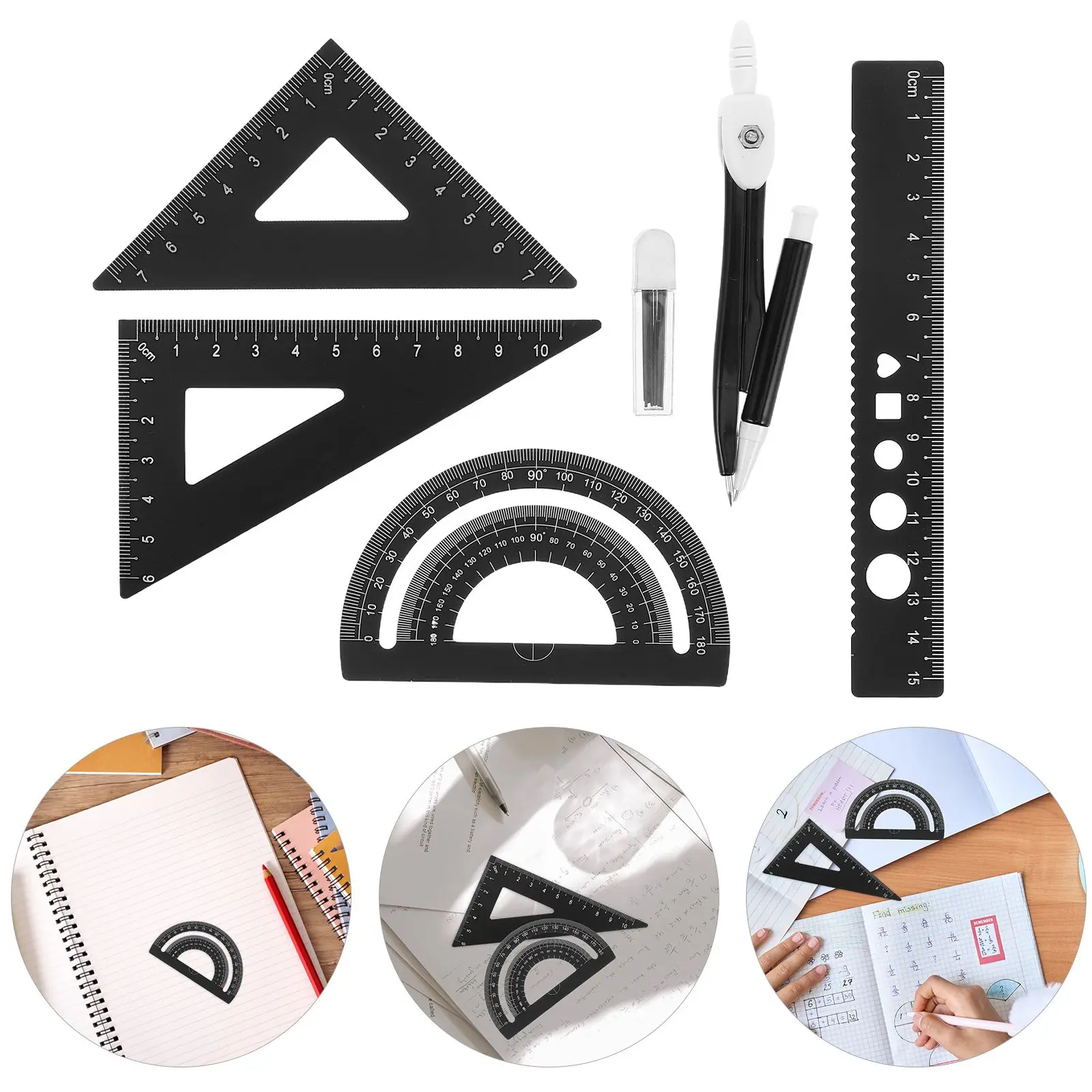 5Pcs Ruler Set Drafting Compass Aluminum Alloy Tools Circle Drawing Student Black Triangular Ruler Metal Measuring