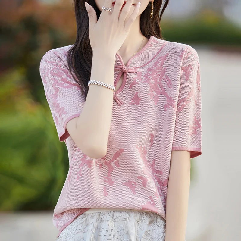 

Summer new wool women's T-shirt fashionable knitted top high-end luxury slim fit cheongsam collar pullover T-shirt for women