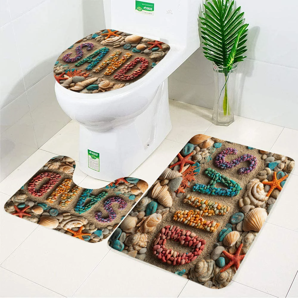

Набор из 3-х ковриков для пляжа и ванной, с узором из гальки, ракушек и морских звезд, фланелевые коврики для дома, коврики для ванной, покрытие для крышки унитаза