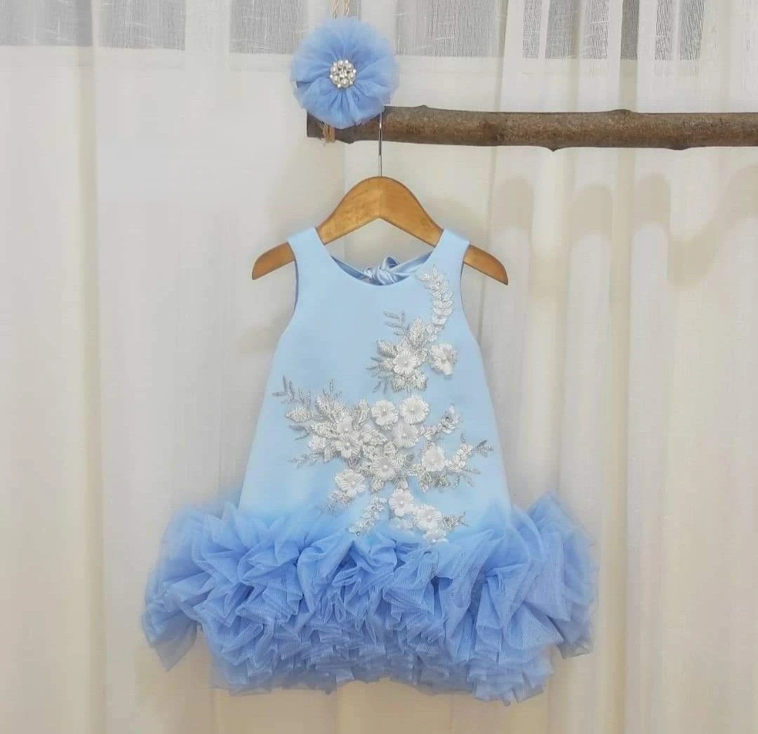 

Elegant Appliques Blue Lovely Baby Flower Girl Dress Sleeveless Pink Bow Shoulders Princess For Girl Birthday Party Dresses