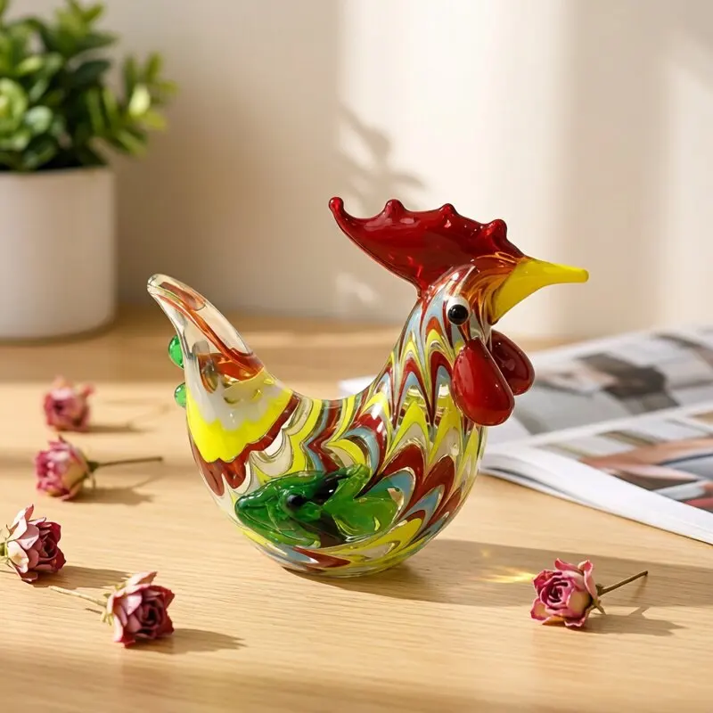 

Murano Glass Rooster Figurine Cute Cock Small Statue Desktop Bookshelf Ornament Home Decor Collectible Perfect Holiday Xmas Gift