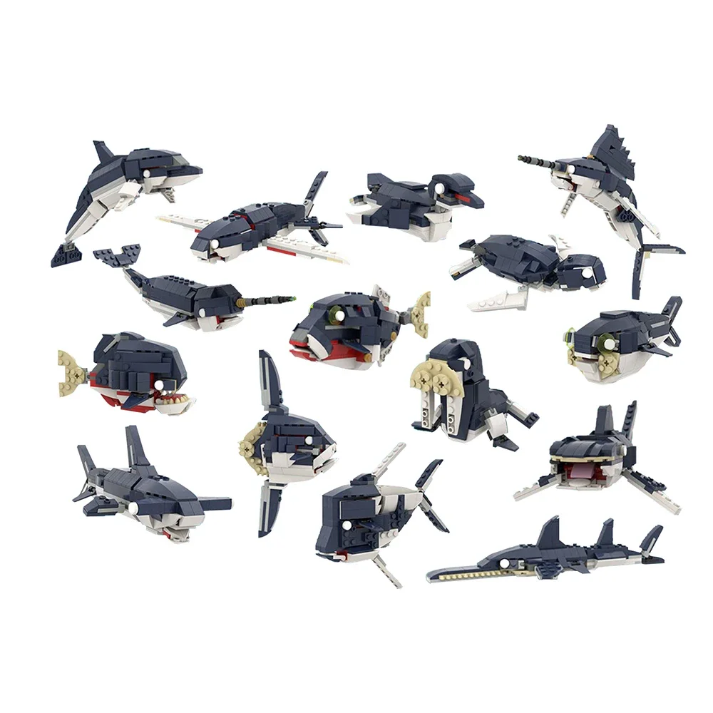 Conjunto de blocos de construção para crianças, MOC-45561, vida marinha, 15 em 1, peixes de profundidade, tubarão, golfinho, peixe marinho, modelo de leão marinho, brinquedo de quebra-cabeça