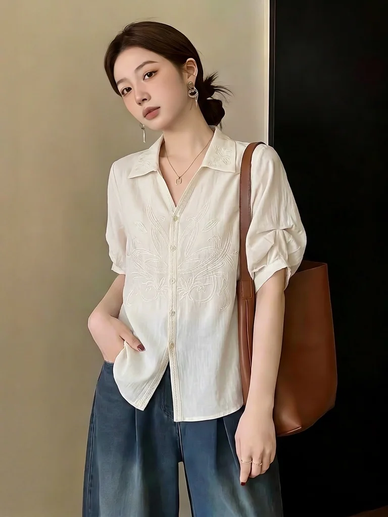 

Bohemian Style Embroidered V-Neck Short Sleeve Shirt Women's Summer New plus Size Elegant Top Korean Version Loose Fit Commute
