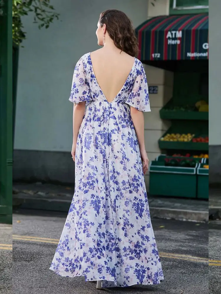 فستان شيفون مزين بالزهور وأكمام على شكل حرف V