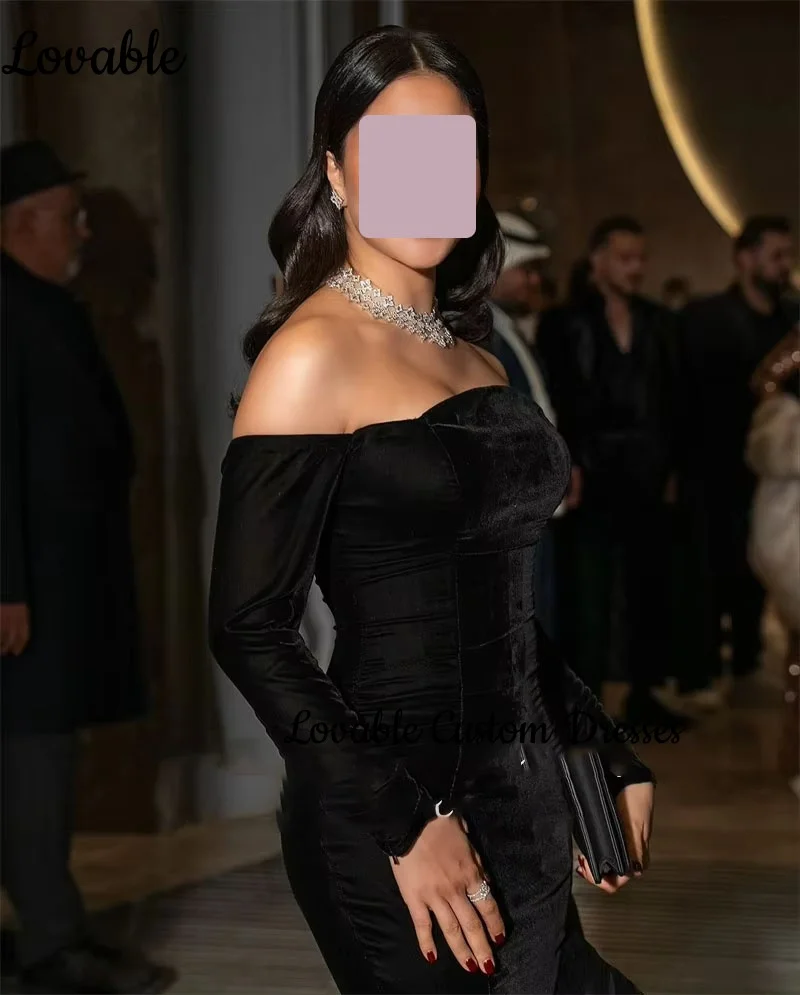 ชุดราตรีสีดำทรงเมอร์เมด แขนยาว เปิดไหล่ สำหรับงานแต่งงาน งานเลี้ยง ยาวกรอมพื้น แต่งระบาย ซิปด้านหลัง