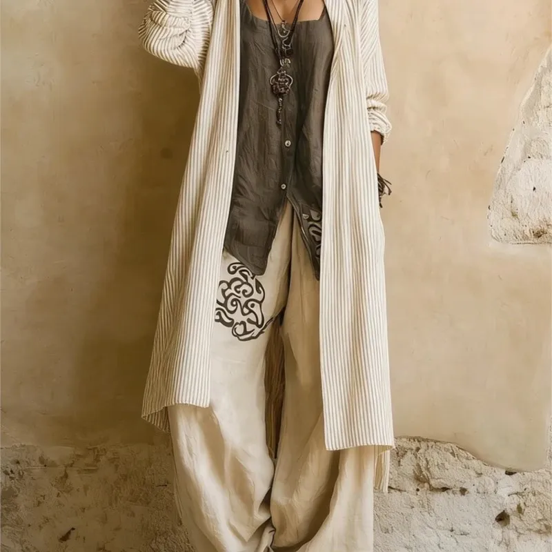 Fashion Women's Bohemian Retro Casual Printed 3-piece Set Spring Autumn New Loose Wide Leg Pants Pocket Female Streetwear Set