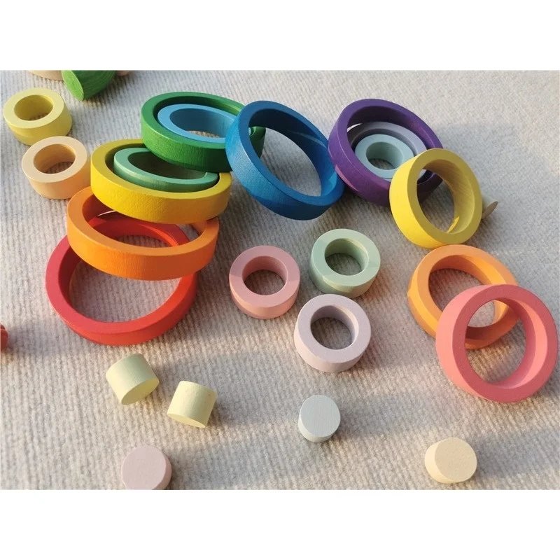 Kids Rainbow Wooden Nest Rings Unpaint Beech Stacking Blocks Creative Loose Parts Montessori Toys