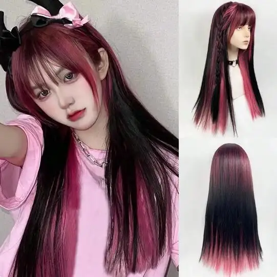 

Pink highlights, long straight Lolita synthetic wig, two tone hair, girl role-playing, daily use and bangs