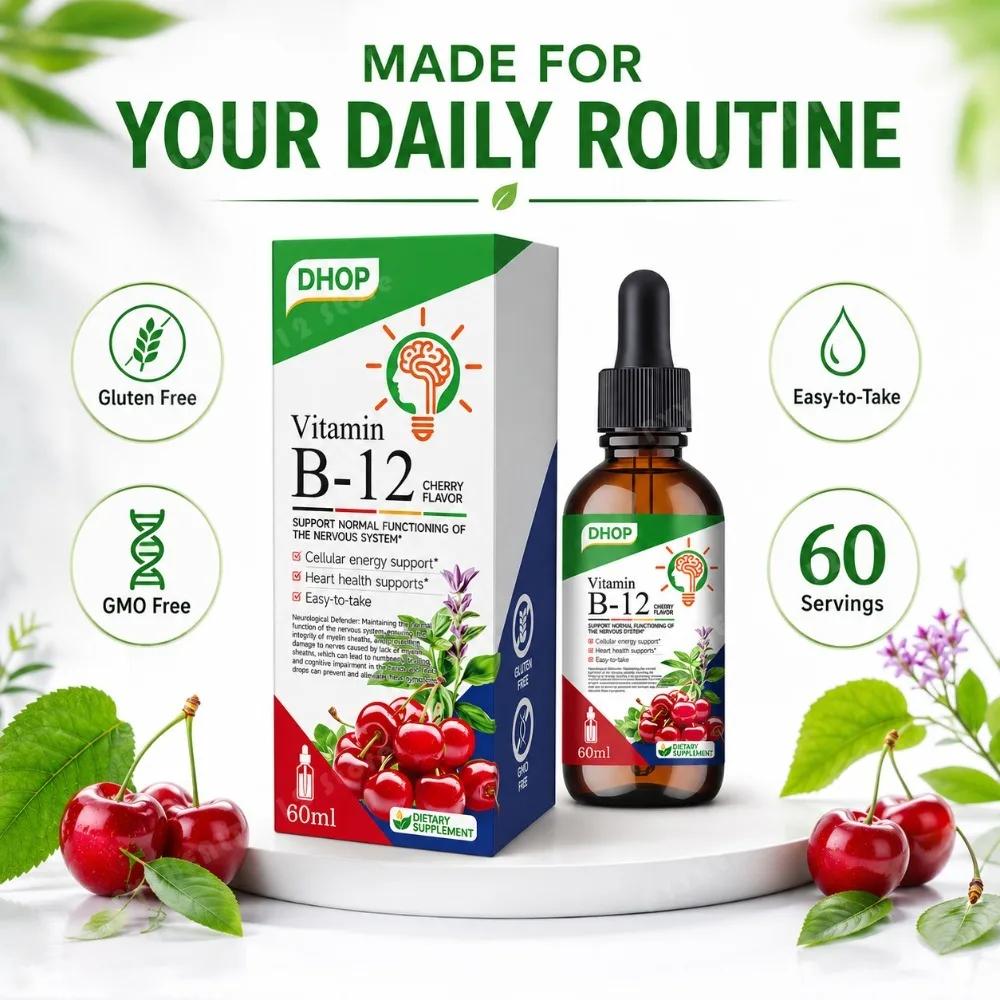 Vitamin B12 Liquid Drops Cherry Flavor 60ml High Potency Daily Energy Support Fast Absorption Vegan Dietary Supplement Adult Use