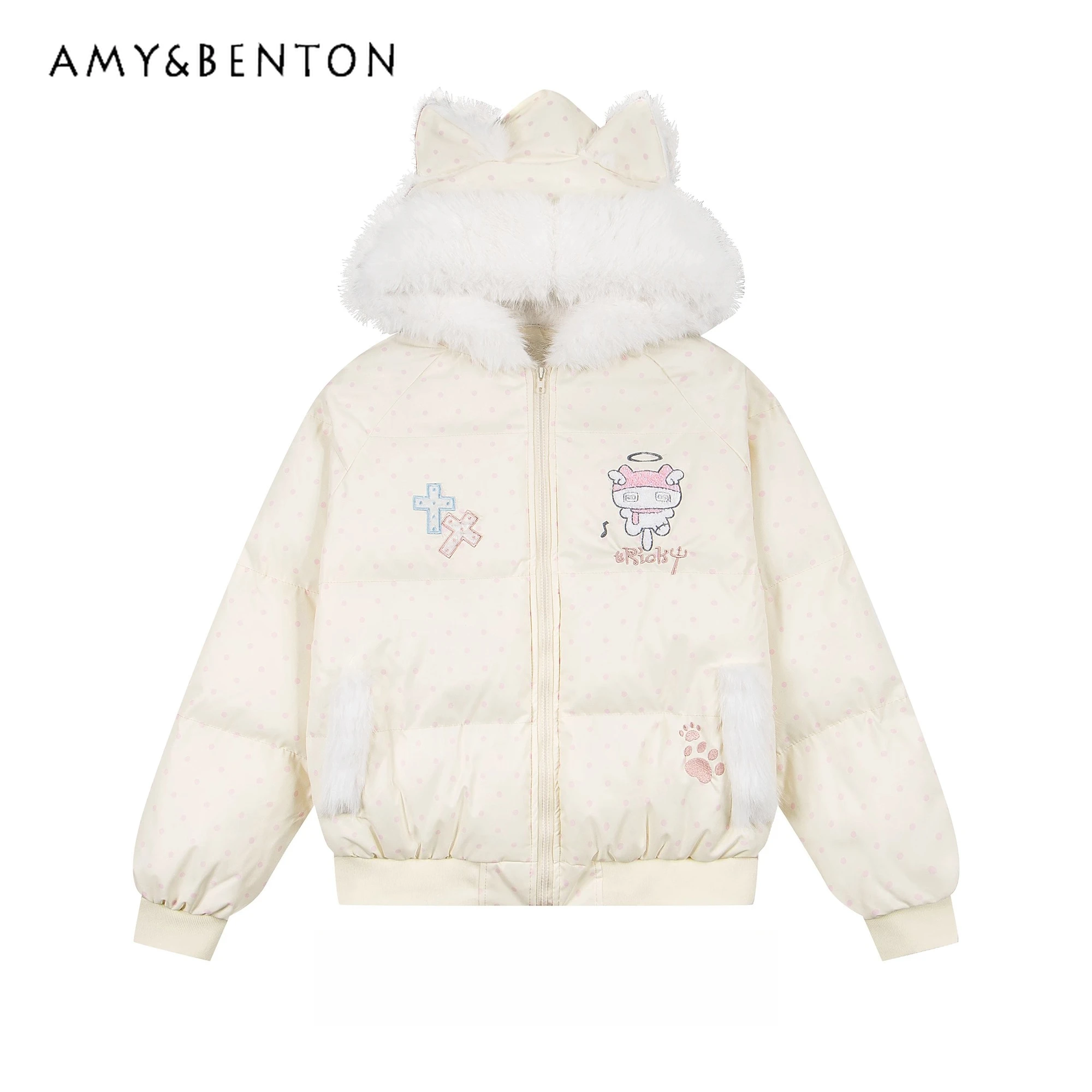 

Winter New Yellow Cartoon Embroidered Polka Dot Hooded Cotton Jacket for Women Loose Cute Casual Thickened Warm Blue Cotton Coat