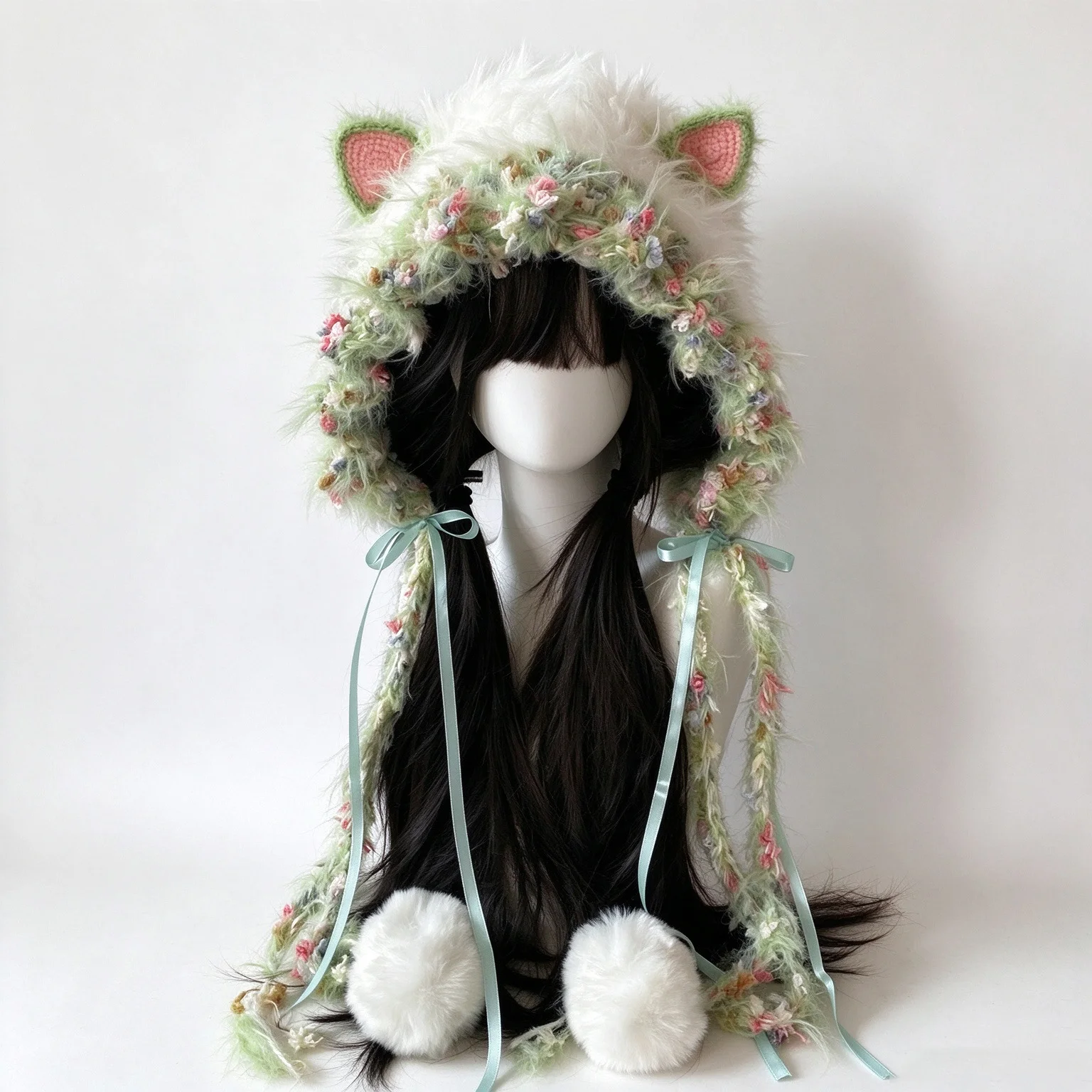 Handmade White Green Cat Ear Hat Hat Lady Custom Crochet Fuzzy Floral Knit Beanie Women Winter Warm Kawaii Lolita Sweet Hood Cap