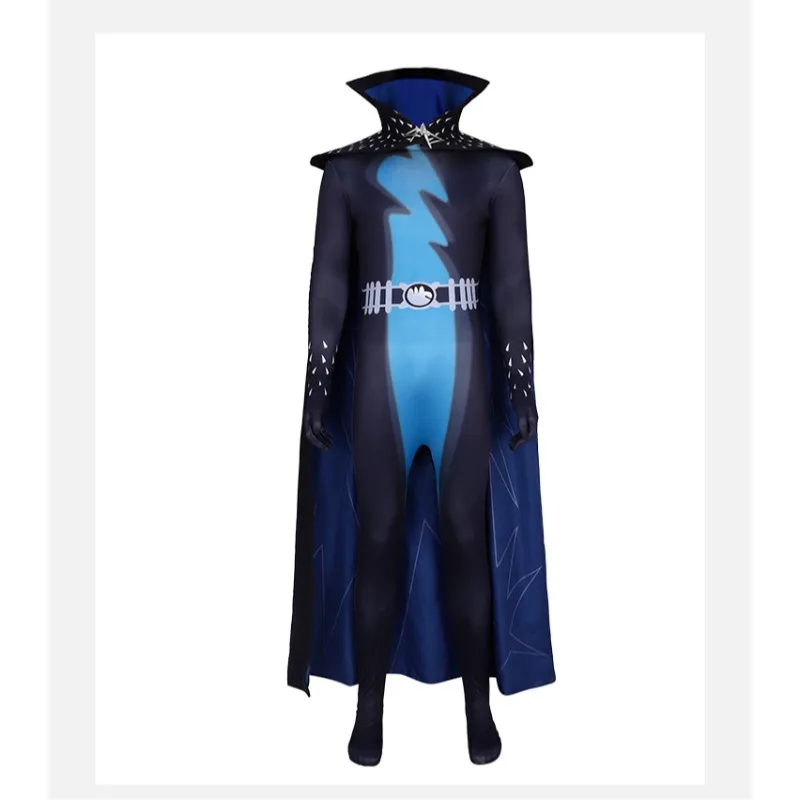 

Supervillain Costume Cartoon Cosplay Black Blue Jumpsuit Cape Full Set Long Cloak Role Play Outfit Halloween Party Men Boys