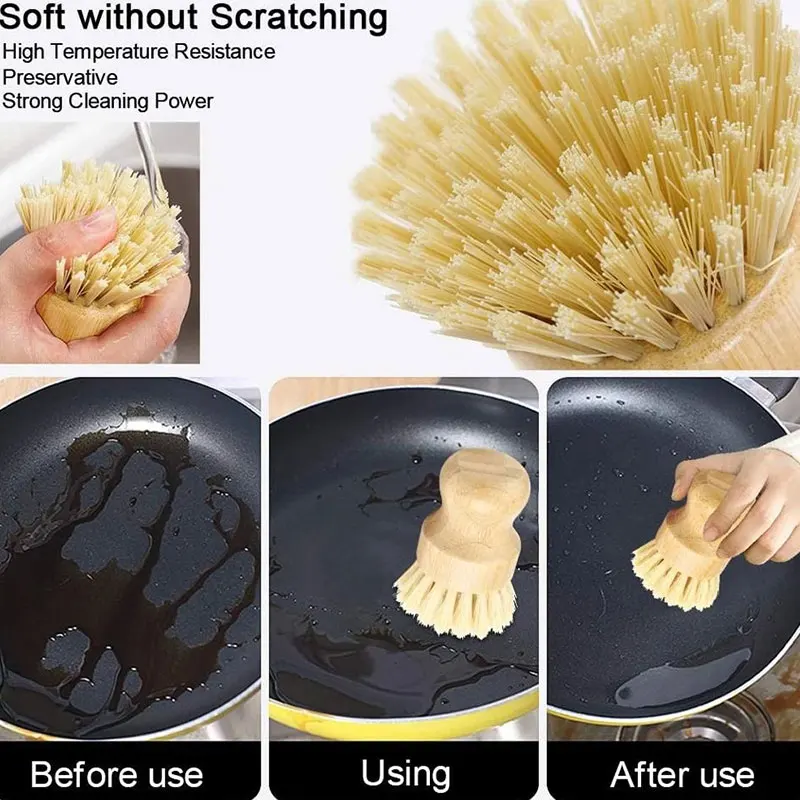 Bamboo Dish Scrub Brushes Kitchen Wooden Cleaning Scrubbers For Washing Cast Iron Pan/Pot Cleaning Brush Natural Sisal Bristles