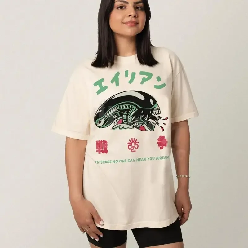 Japanese Alien Graphic Tee, Unisex Retro Xenomorph Face Hugger SciFi Movie Tee