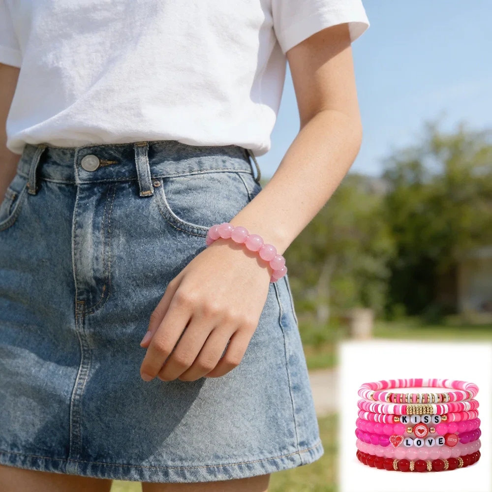 7pcs/set Pink Soft Ceramic Heart Shaped Bracelet, Gift Exchange Between Girlfriends, Birthday Valentine's Day Decoration Jewelry