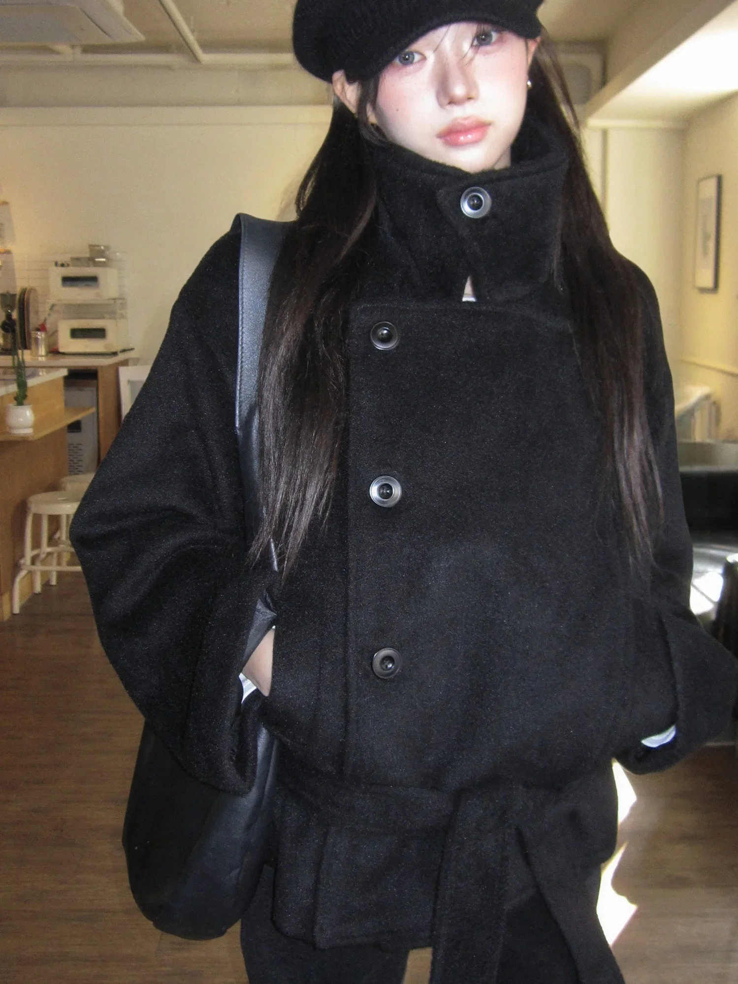 Unique Long Sleeves Woolen Coat Women's Retro Japanese Sle Stand Collar Belted Jacket Long Loose Commute Pure Color Coat