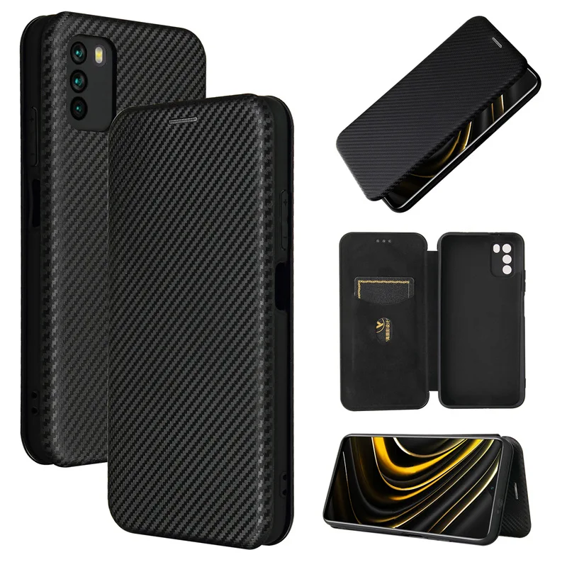 

Для Xiaomi POCO M3 чехол из углеродного волокна флип-магнитная подставка-держатель слот для карт противоударный чехол Capa Funda coque