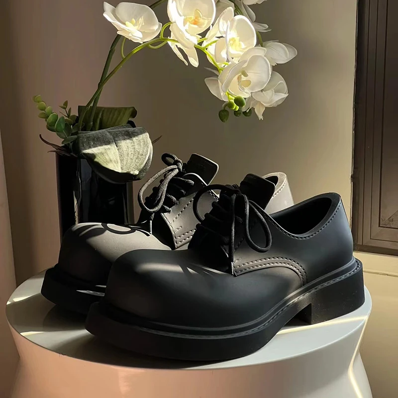 Black Big Round Toe Front Tie Platform Leather Shoes Unisex 2023 Retro Thick Bottom Sewing Thread Chunky Heel Shoes Luxury