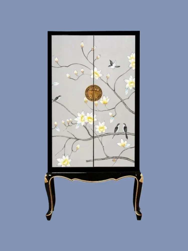 New Chinese Style Painted Solid Wood Home Double-Door Closet Storage Simple Home Bedroom Wall-Mounted High-Leg Wardrobe