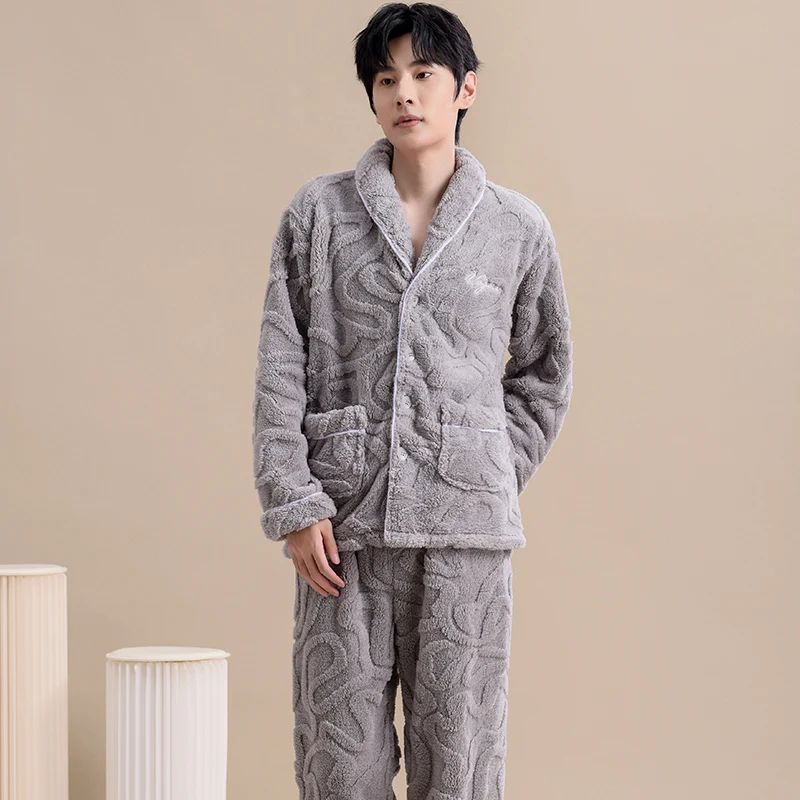 Autumn Winter Men's Jacquard Plush Fabric Pajamas Thick Warm Flannel Sleepwear Casual Sleep&Lounge Pyjamas Male Pijamas Hombre