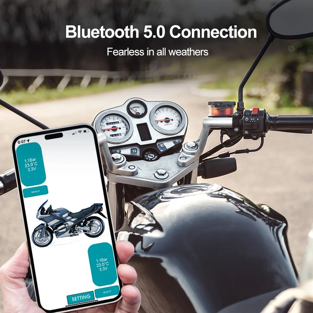 Motorcycle Tire Pressure Monitoring System, TPMS, Bluetooth 5.0, sem fio, IP67 impermeável, 2 Sensor externo, suporte Android, IOS