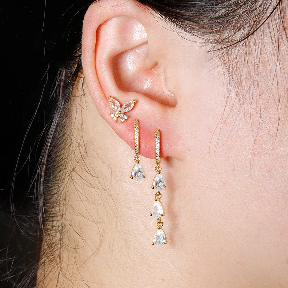 3PCS Zircon Water Drop Small Hoop Earrings Set for Women Stainless Steel Huggies Pendant Piercing Earrings Luxury Jewelry aretes