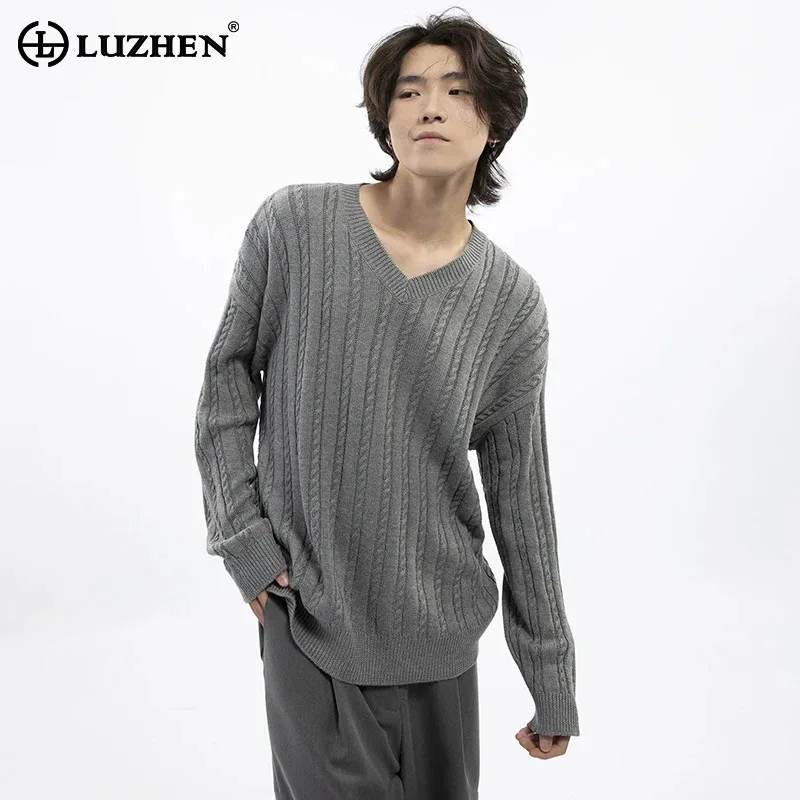 

LUZHEN Lazy Atmosphere V-neck Knitted Sweater Versatile Simple Loose Interior Men Tops Autumn Casual Original Solid Color LZ6612