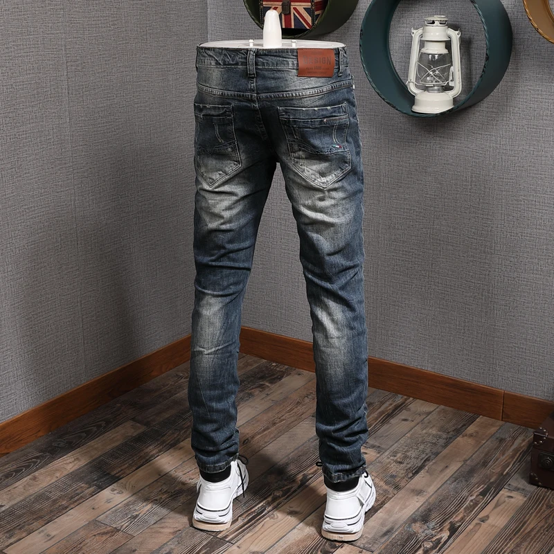 Fashion Designer Men Jeans Retro Black Blue Elastic Stretch Slim Fit Ripped Jeans Men Italian Style Vintage Denim Pants Hombre