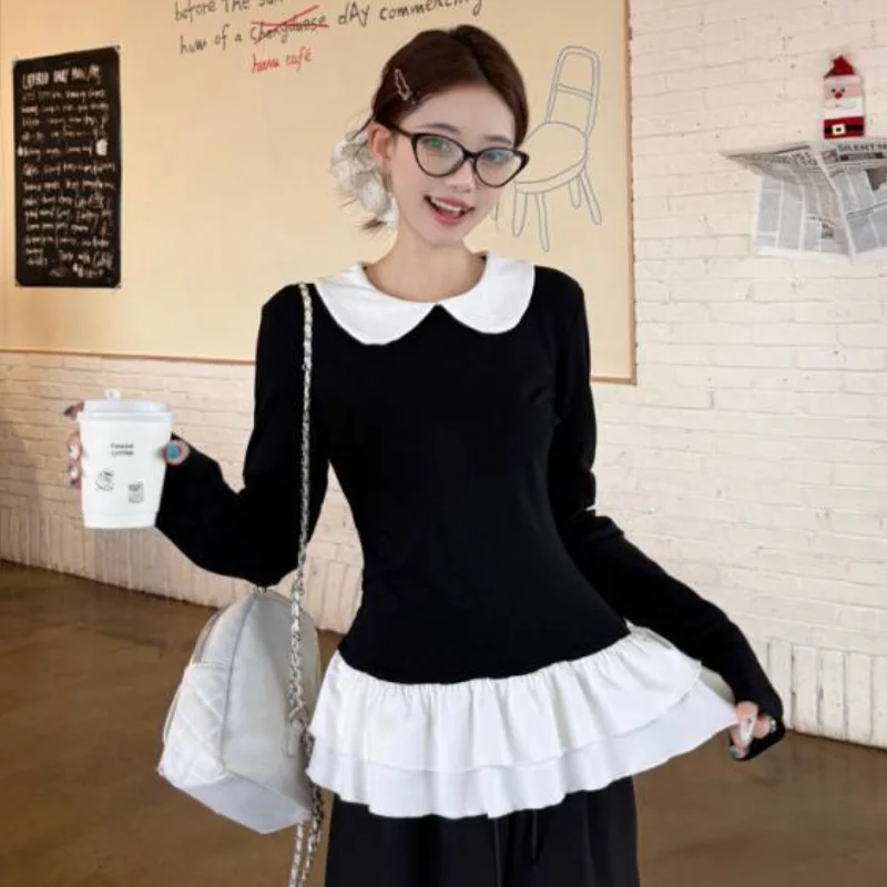 

Korean Style Cotton Doll Neck Women's Long Sleeved Shirt Spring Summer 2026 New V-Neck Solid Color Kpop Oversized T-Shirt