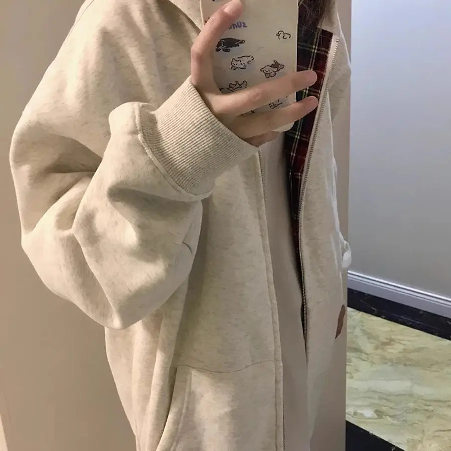 Women Vintage Plaid Patchwork Color Block Hoodie Jacket Autumn Winter Casual Cardigan Streetwear Hooded Sweatshirt Top - view 3
