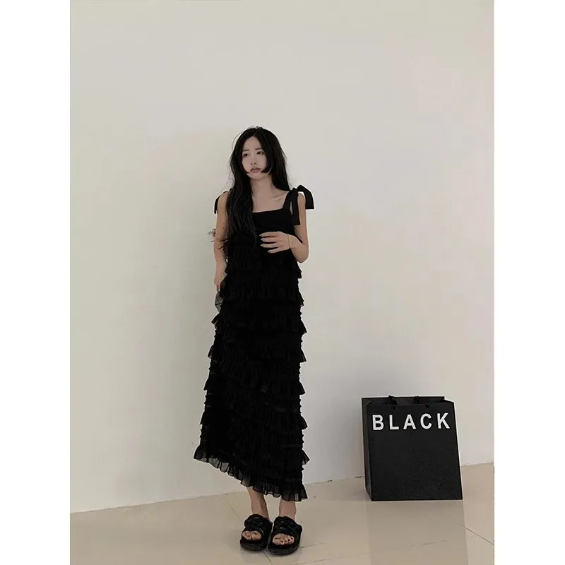 RORORIRI-Vestido com babados em camadas para mulheres, monocromático, fita, gola quadrada, peça única, roupa formal, festa de formatura, preto, verão