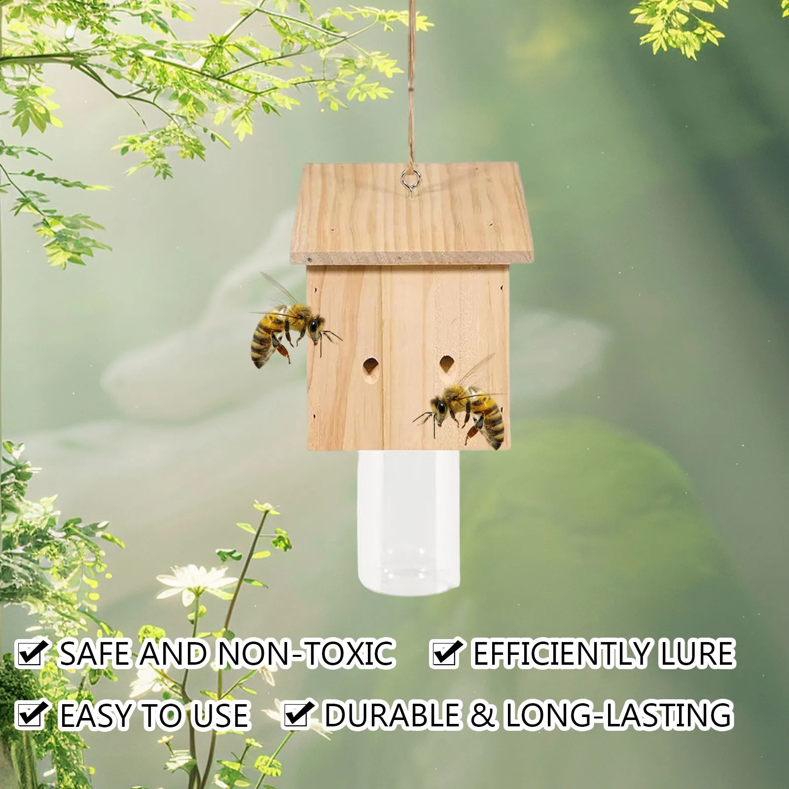

4pc Wooden Suspended Bee Traps,Natural beekeeping design Insect Bee Trap With Detachable Cover Bee Trap Tools beekeeping