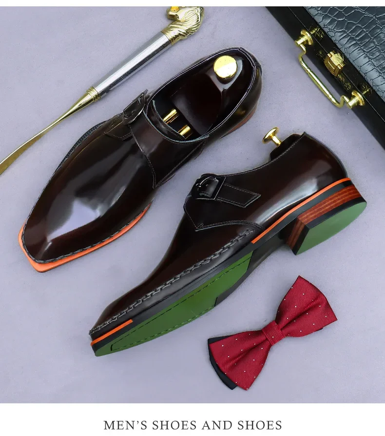 Sewing Thread Toe Cap Design Men's Oxford Shoes Shiny Leather Metal Buckle Slip-On Shoes for Men Business Formal Wedding Shoes