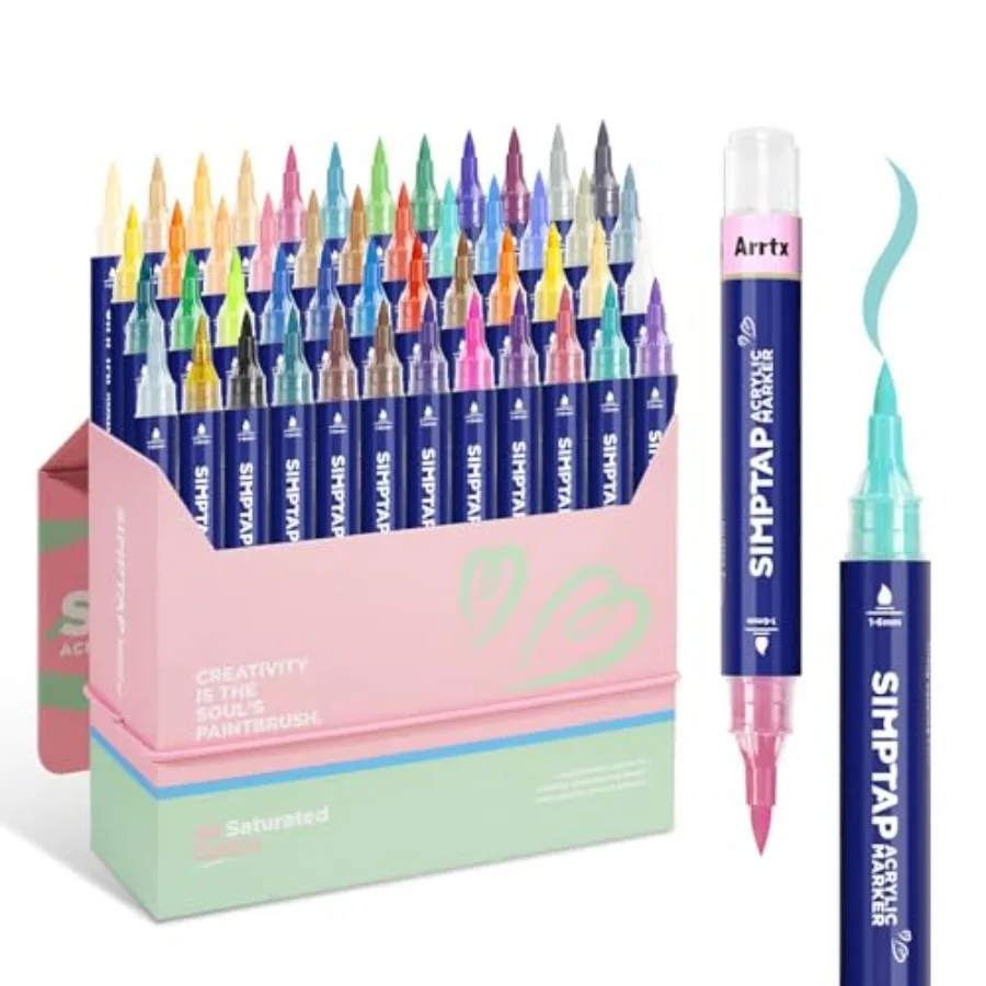 

Top Valve Action Marker Pen, 48 Colors Simptap Acrylic Paint Pens, Water Based Paint Markers for Stone, Glass, Extra Brush Tip