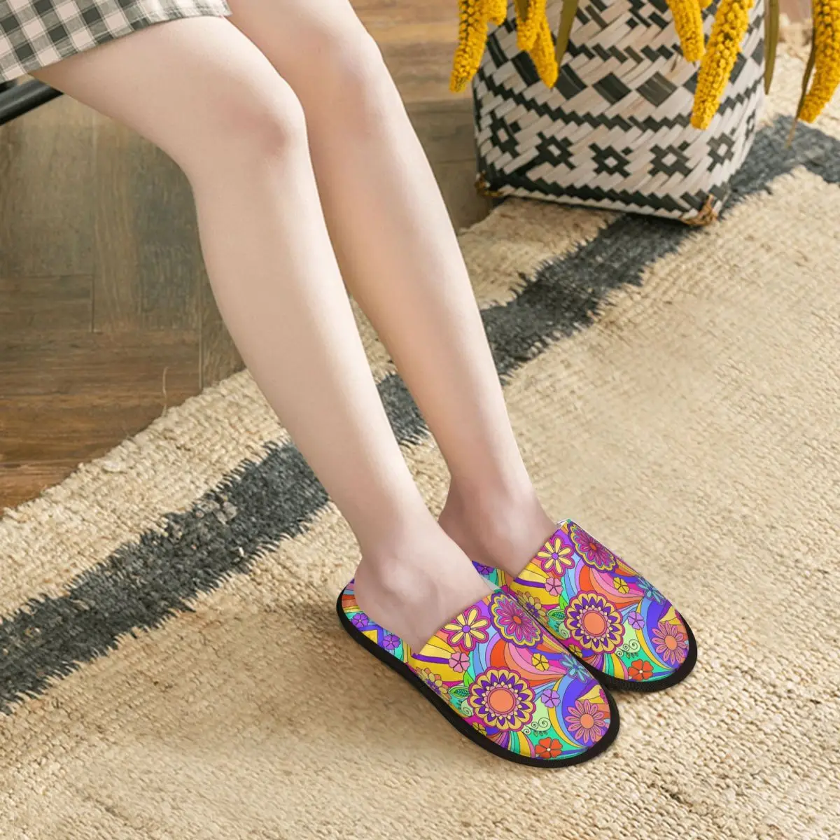 Custom Groovy Psychedelic Flower Power Slippers Memory Foam Warm Soft Women House Slipper Indoor Comfy Shoes