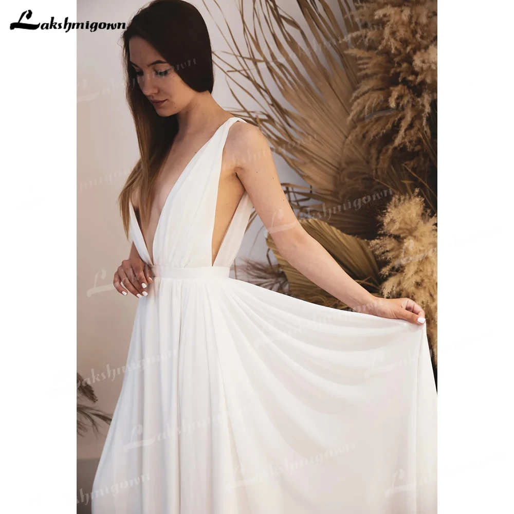 Lakshmigown Cổ V Voan Áo Cưới Với Khe Đơn Giản Đi Biển Cô Dâu Áo Ngủ Sexy Dây De Mariage 2023 Tự Làm