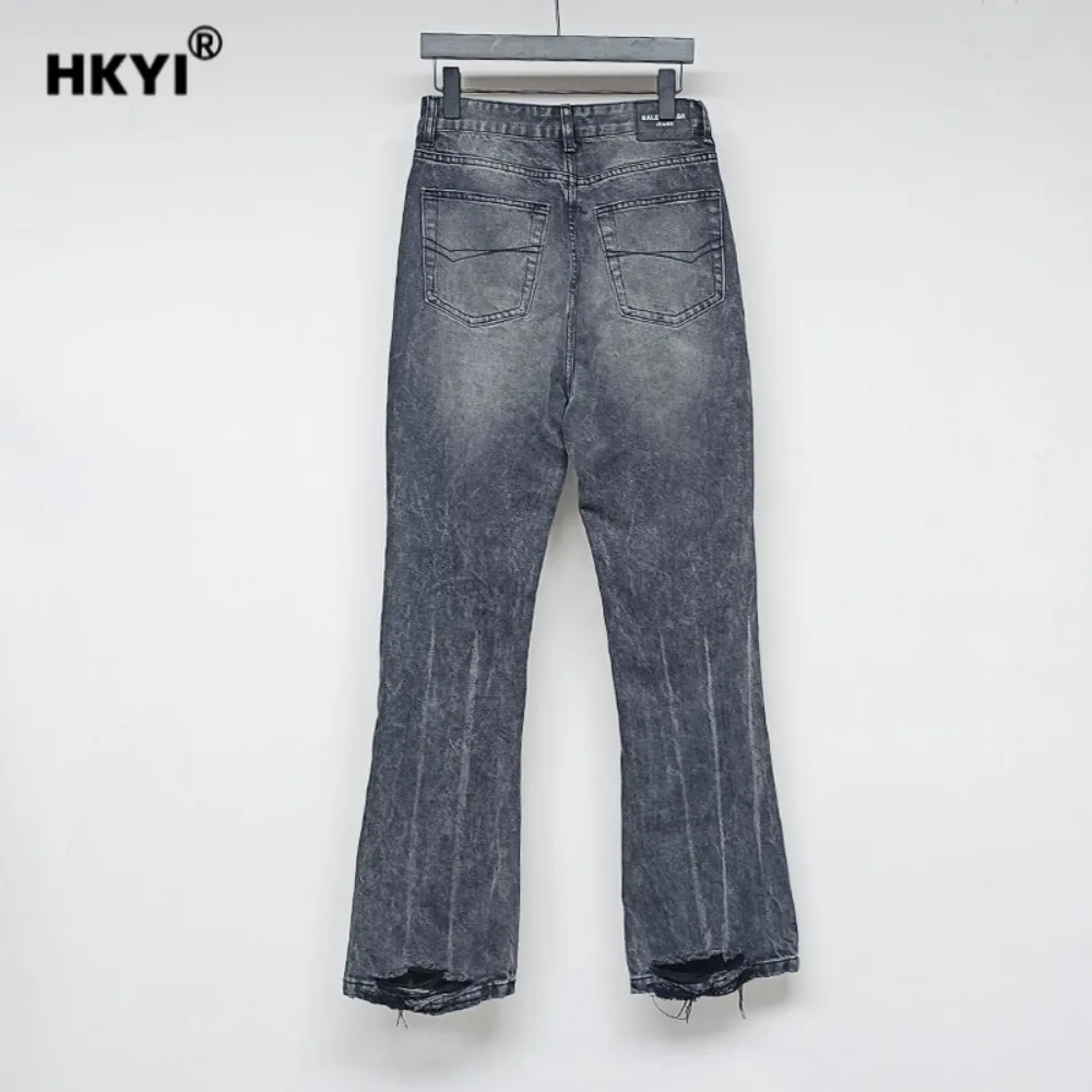 Celana Jeans Pria HKYI Hitam Abu-abu Efek Air, Bekas, Garis Goresan Air, Rusak, Model Horn