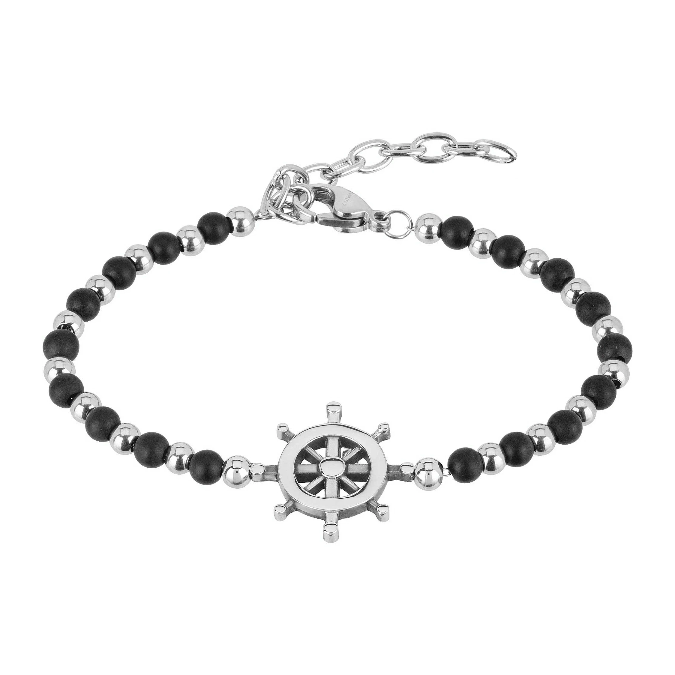 Runda Men’s Bracelet Black in Obsidian with Rudder Stainless Steel Adjustable Size 22 Luxury Brand Charm Bead Bracelet